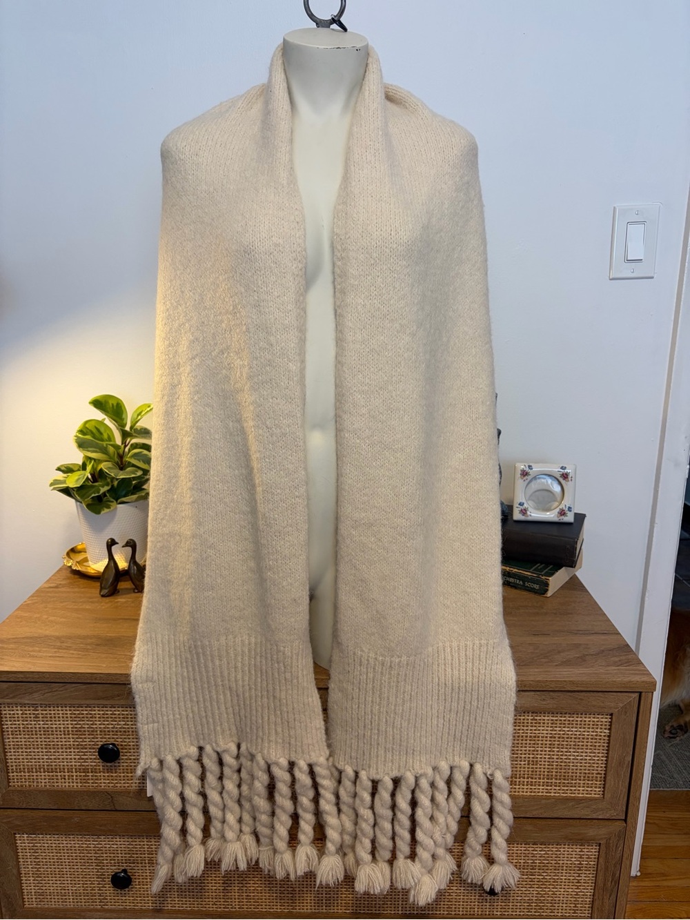 NWT Anthropologie Braided Fringe Scarf Cream Oversized Cozy Wool Blend